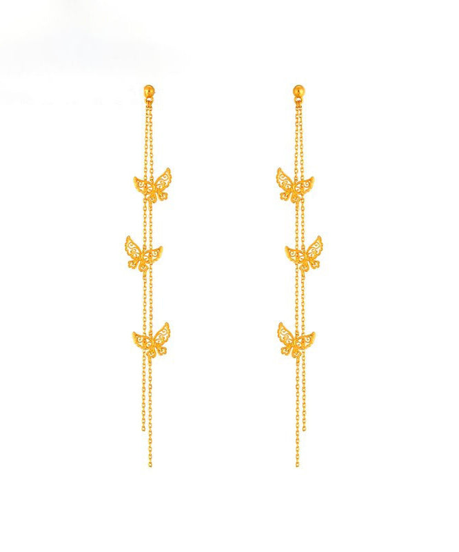 Skinny Gold Ancient Gold Butterfly Tassel Drop Earrings