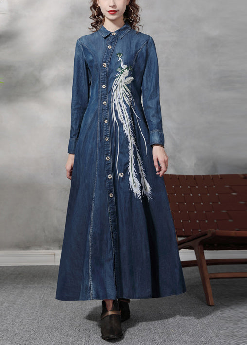 Slim Fit Blue Peter Pan Collar Button Waist retraction Embroideried Cotton Denim Dresses Long Sleeve