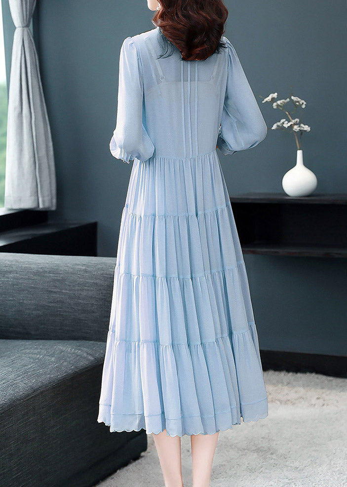 Slim Fit Blue Stand Collar Ruffled Patchwork Silk Maxi Dress Long Sleeve