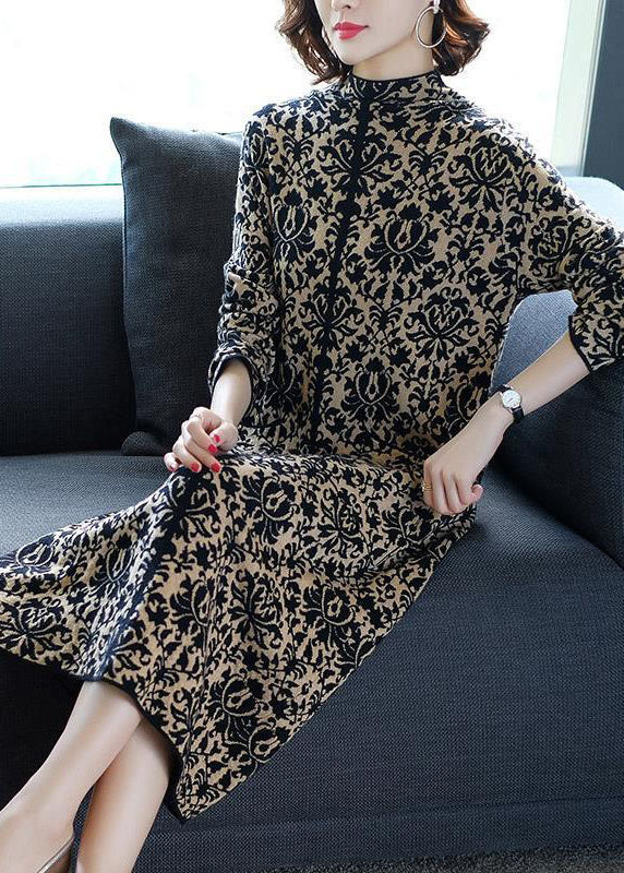 Slim Fit Navy Stand Collar Print Pockets Long Knit Dress Winter