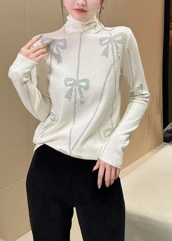 Slim Fit White Turtleneck Zircon Cotton Knit Top Fall