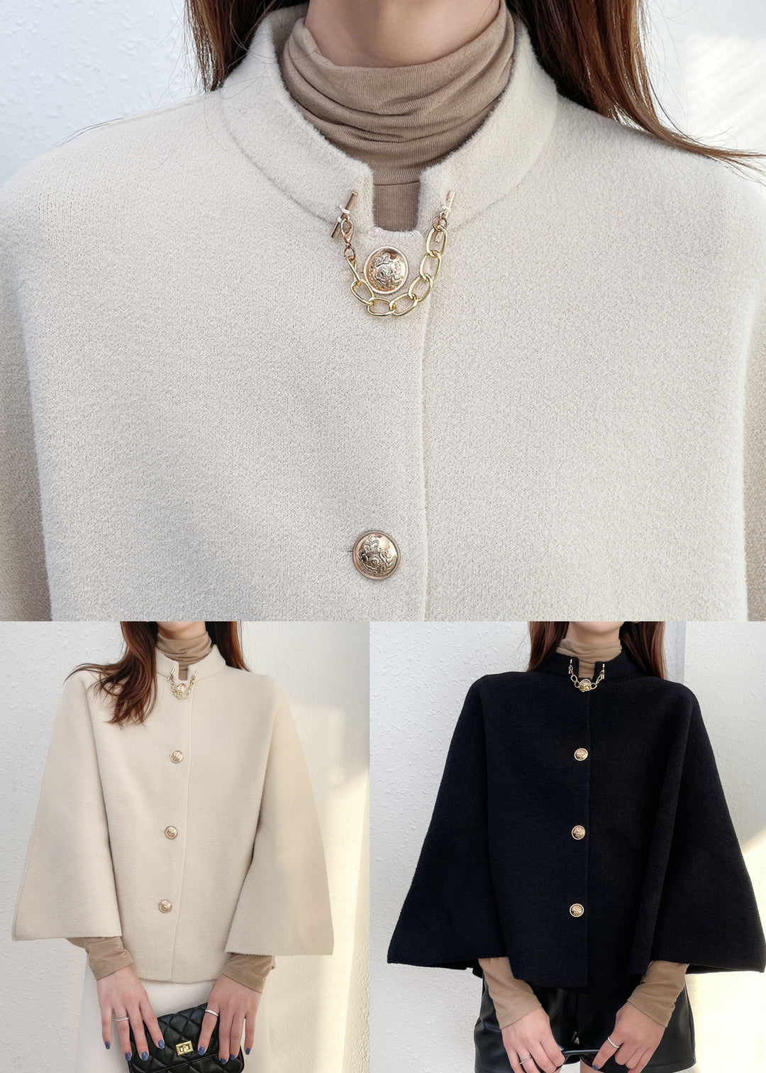 Solid White Thick Woolen Cloak Coats Stand Collar Button Fall