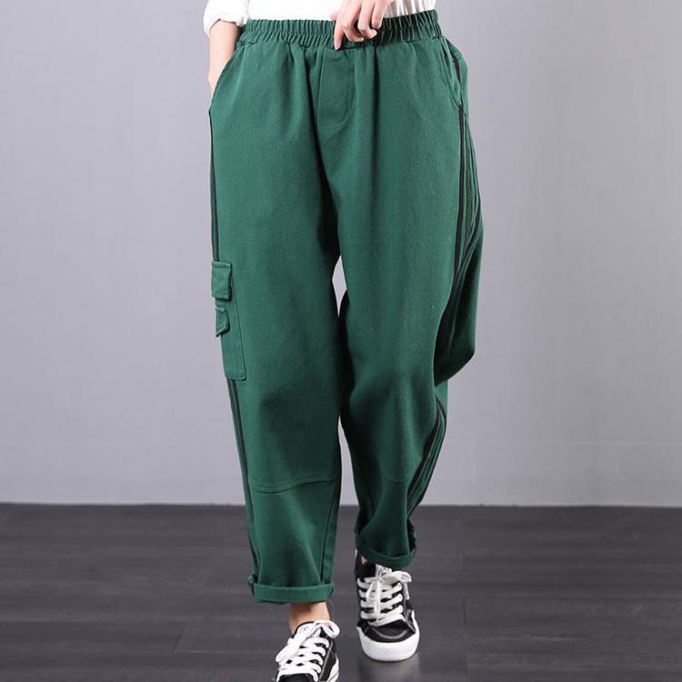 Spring loose art stripe tooling pocket green stitching harem pants women - Omychic