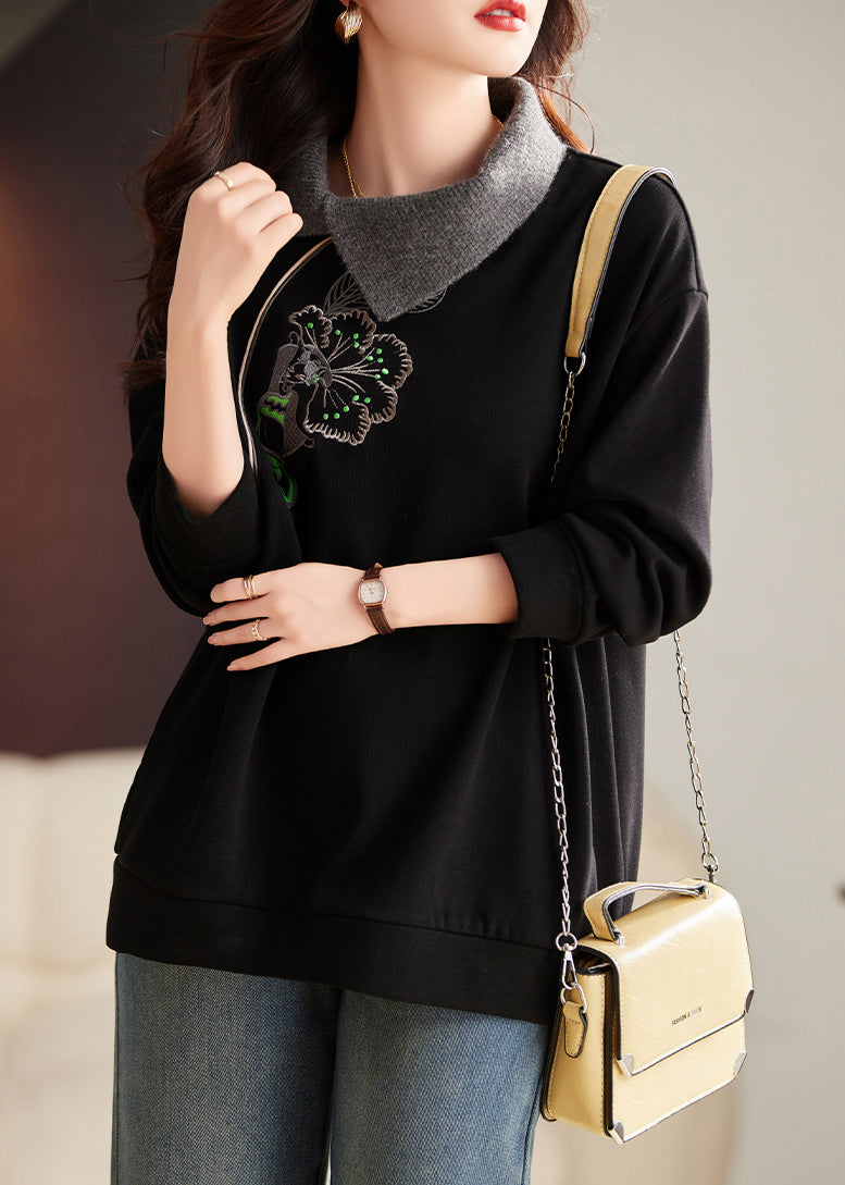 Style Black Embroideried Warm Fleece Tops Spring