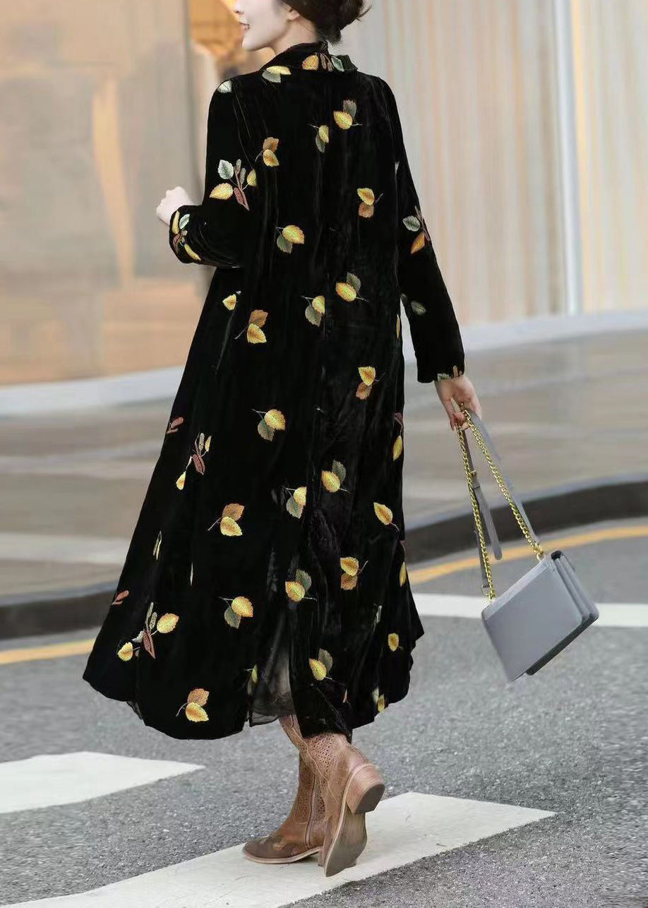 Style Black Notched Print Silk Velour Long Trench Coats Long Sleeve