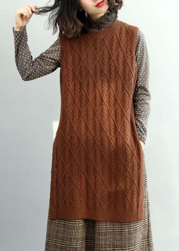 Style Chocolate O-Neck Side Open Fall Knit Vest - Omychic