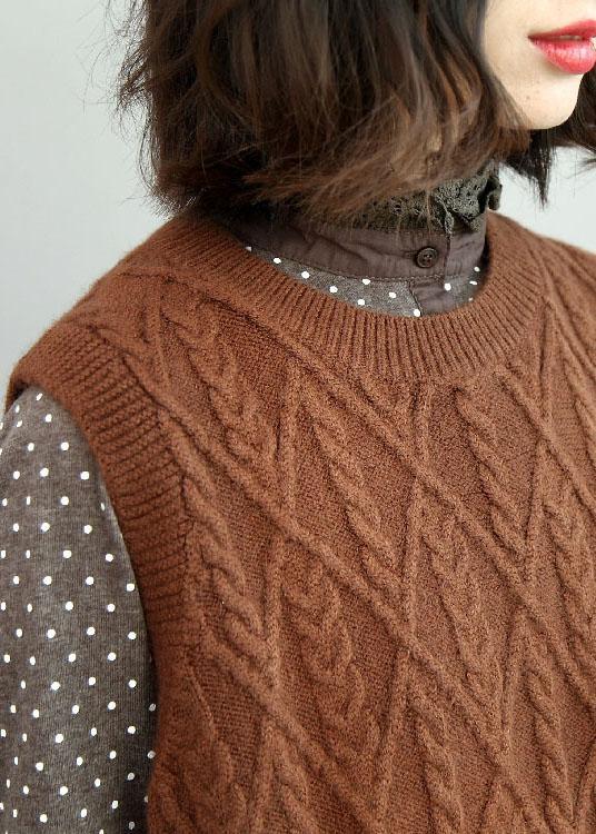 Style Chocolate O-Neck Side Open Fall Knit Vest - Omychic