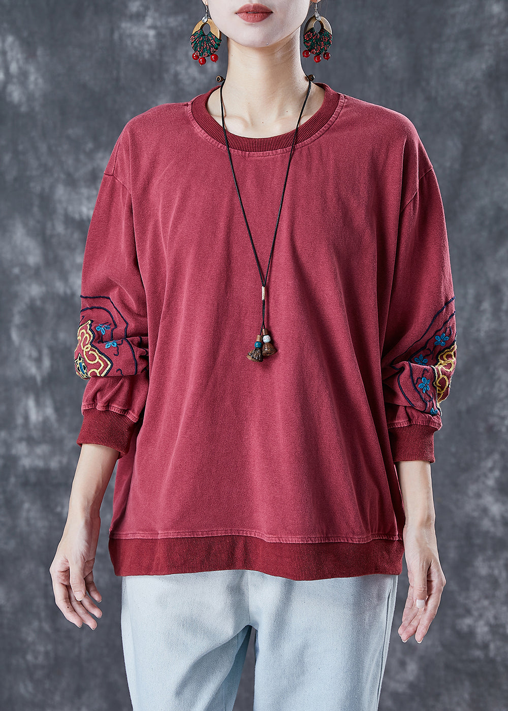 Style Dull Red Embroideried Cotton Loose Sweatshirts Top Fall