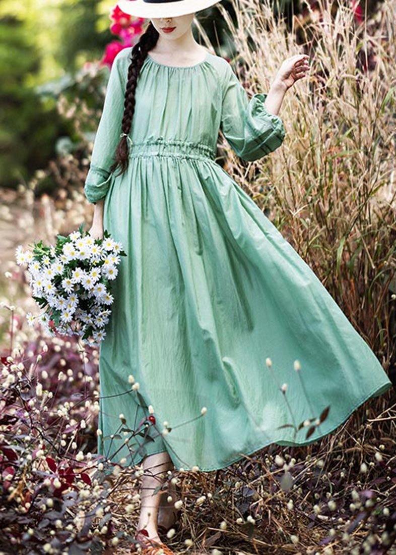 Style Green Cinched Patchwork Lace Long Summer Cotton Dress - Omychic