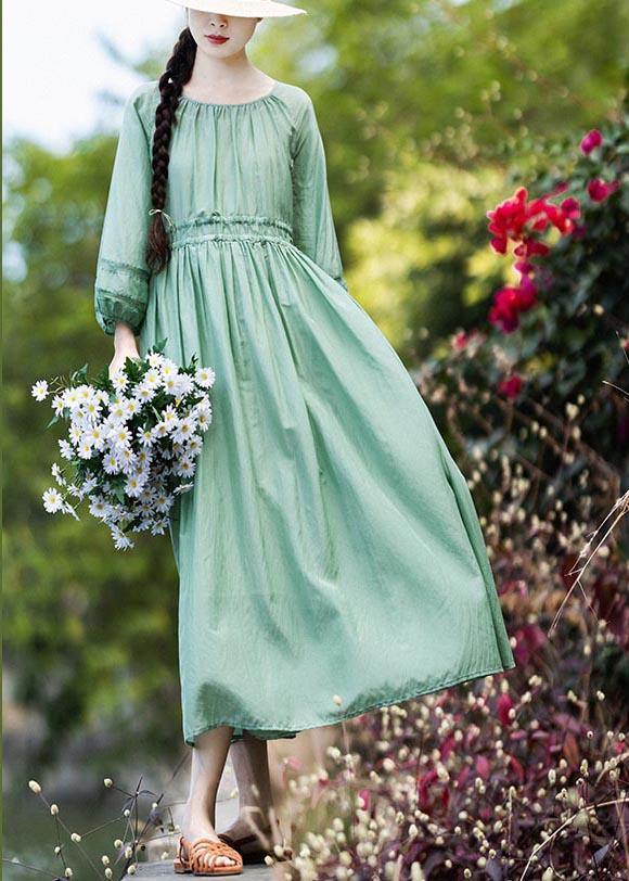 Style Green Cinched Patchwork Lace Long Summer Cotton Dress - Omychic