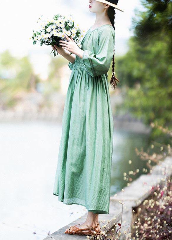 Style Green Cinched Patchwork Lace Long Summer Cotton Dress - Omychic