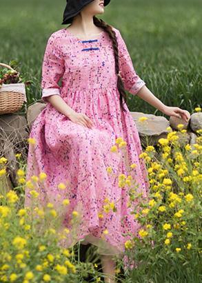 Style Pink Print Dresses O Neck Chinese Button Traveling Spring Dresses - Omychic