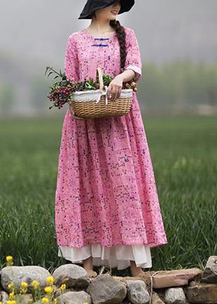 Style Pink Print Dresses O Neck Chinese Button Traveling Spring Dresses - Omychic