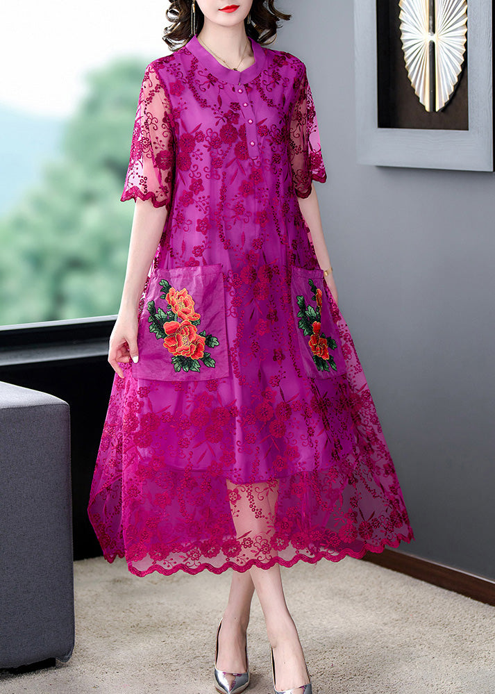 Style Rose Embroidered Floral Tulle Long Dresses Short Sleeve