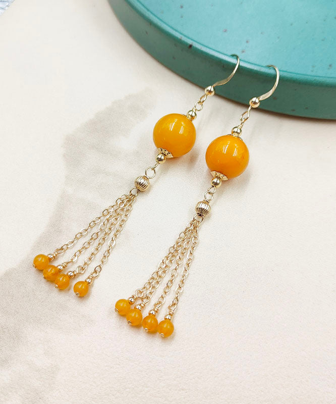 Style Yellow 14K Gold Amber Beeswax Chain Tassel Drop Earrings