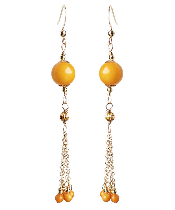 Style Yellow 14K Gold Amber Beeswax Chain Tassel Drop Earrings