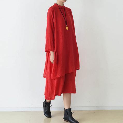 Style false two pieces cotton dresses Sewing red Dress fall - Omychic