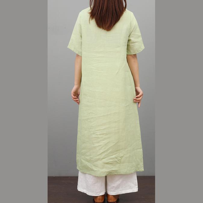 Style front open linen outfit Tunic Tops light green Dresses summer - Omychic