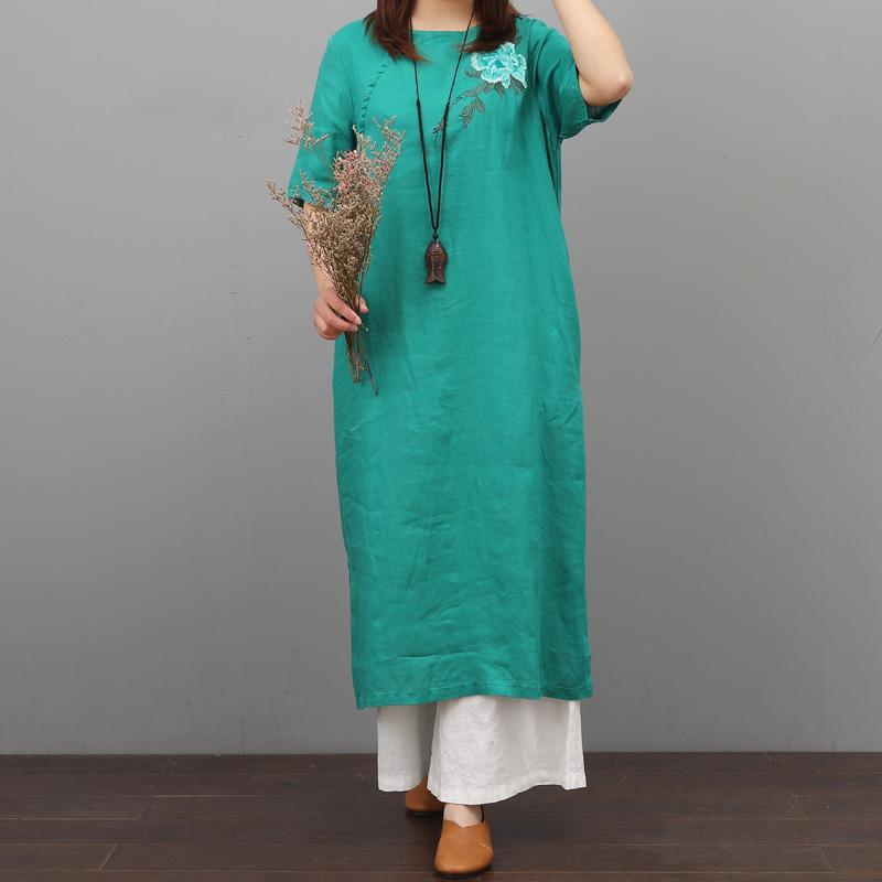 Style o neck linen cotton Robes Wardrobes green embroidery Dress summer - Omychic