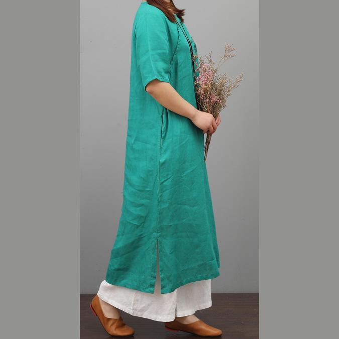 Style o neck linen cotton Robes Wardrobes green embroidery Dress summer - Omychic