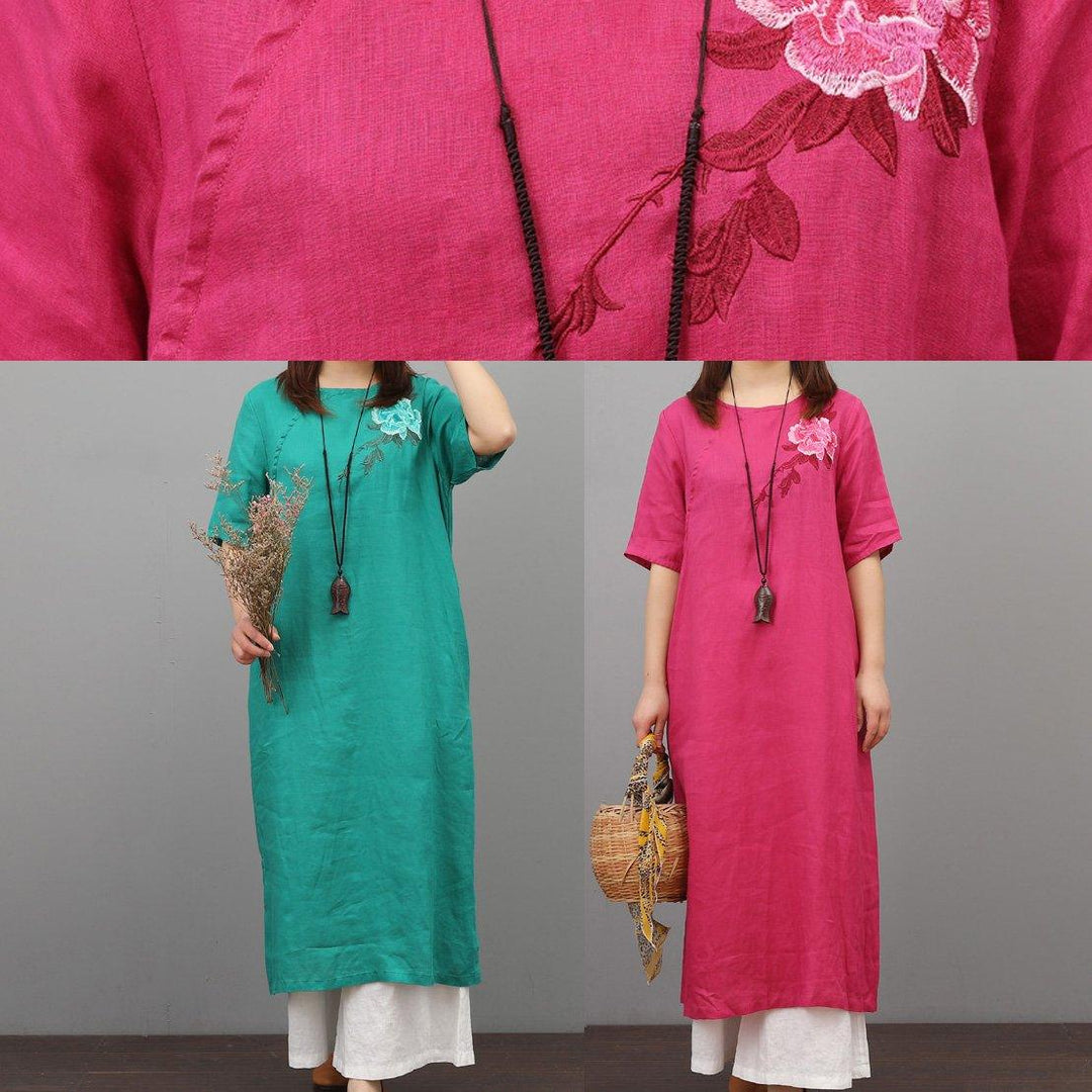 Style o neck linen cotton Robes Wardrobes green embroidery Dress summer - Omychic