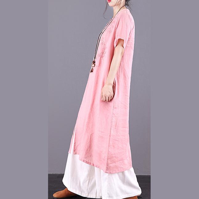 Style o neck pockets linen Long pink embroidery Dresses summer - Omychic