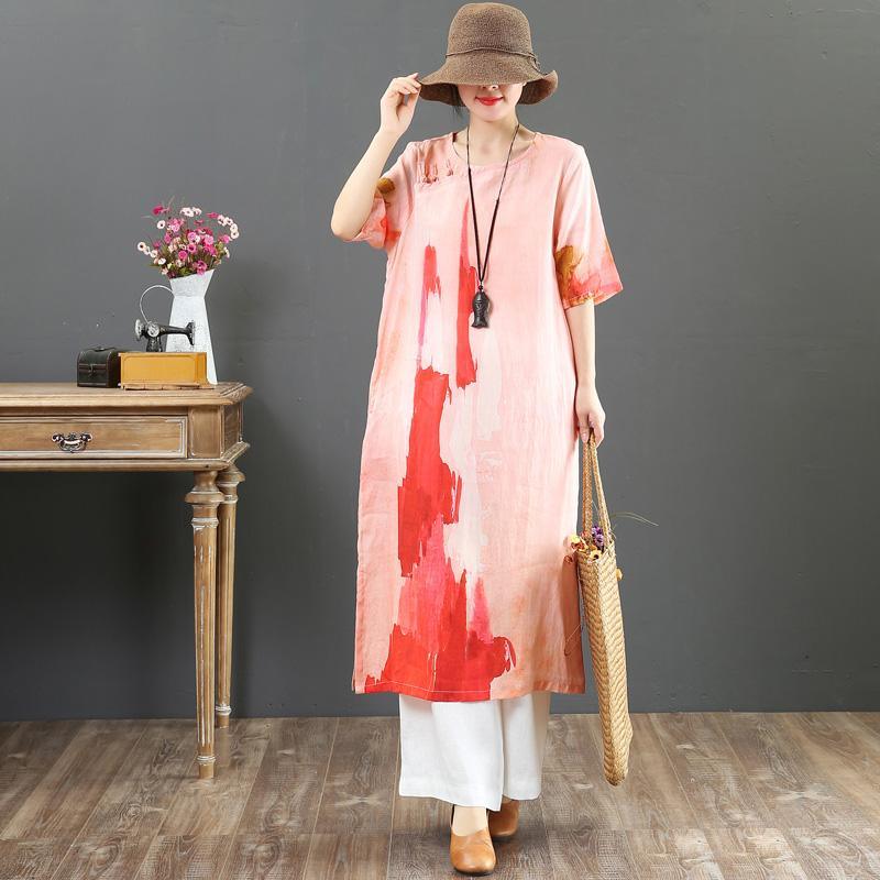 Style pink print linen dresses plus size Online Shopping o neck side open long Summer Dress - Omychic