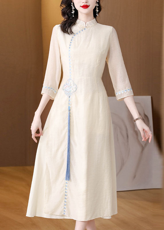 Stylish Apricot Stand Collar Embroideried Tassel Silk Long Dresses Fall