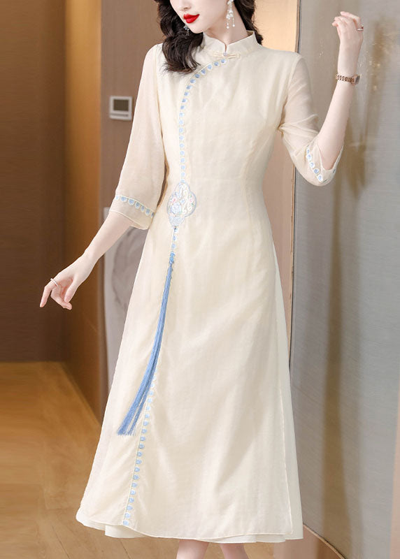 Stylish Apricot Stand Collar Embroideried Tassel Silk Long Dresses Fall