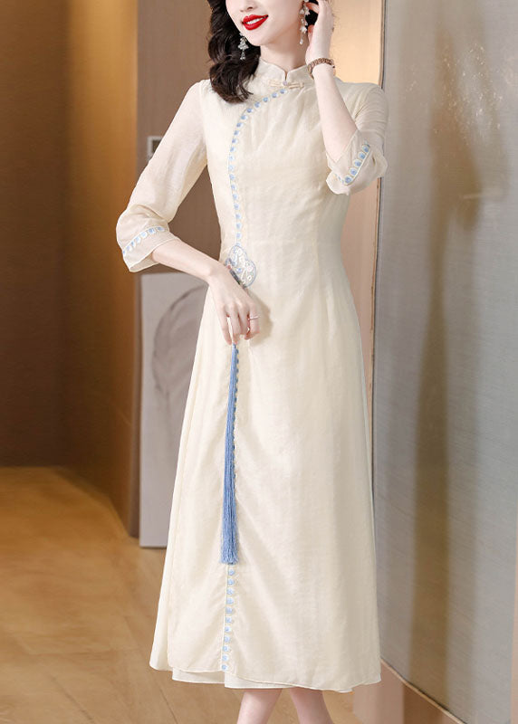 Stylish Apricot Stand Collar Embroideried Tassel Silk Long Dresses Fall