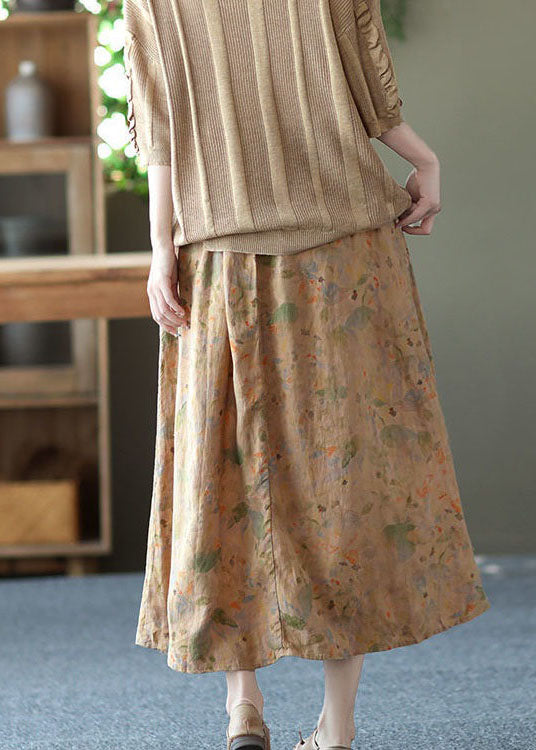 Stylish Apricot Wrinkled PocketsPrint Linen Skirts Summer