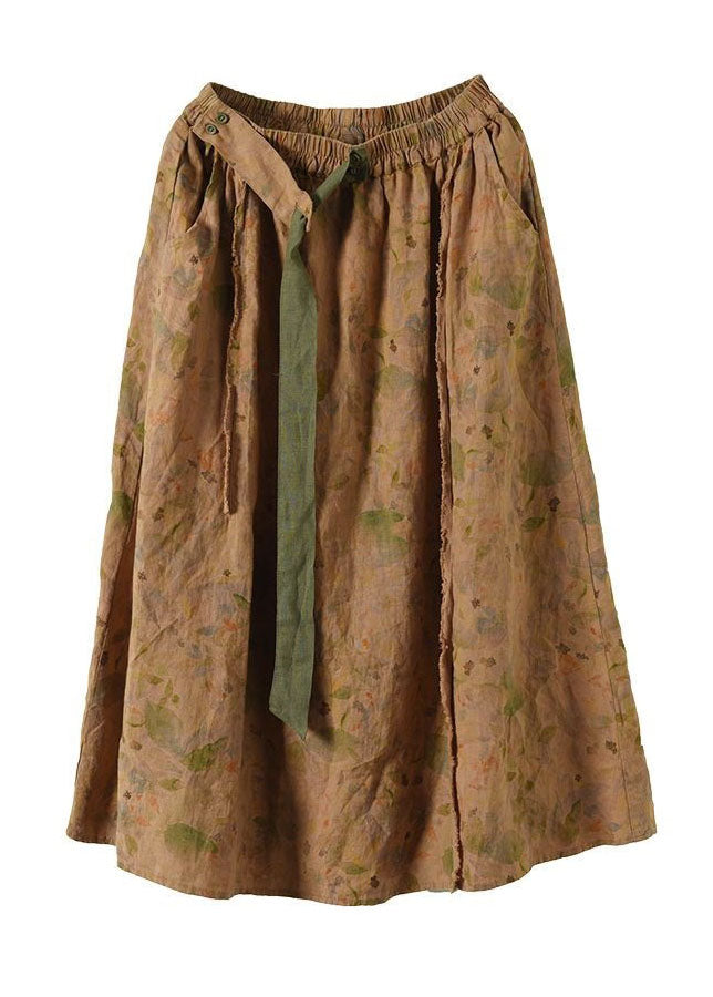 Stylish Apricot Wrinkled PocketsPrint Linen Skirts Summer