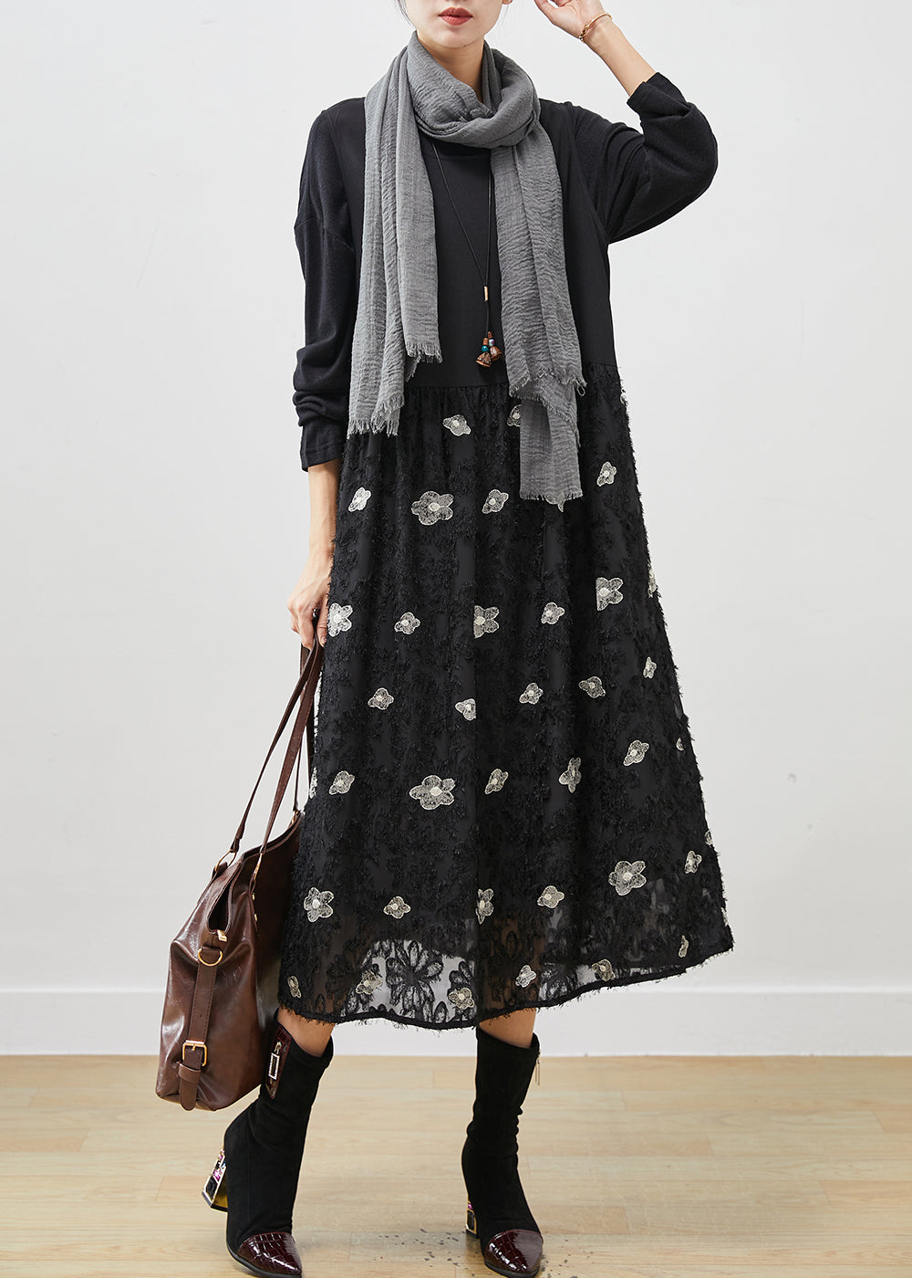 Stylish Black Floral Exra Large Hem Cotton Maxi Dresses Spring