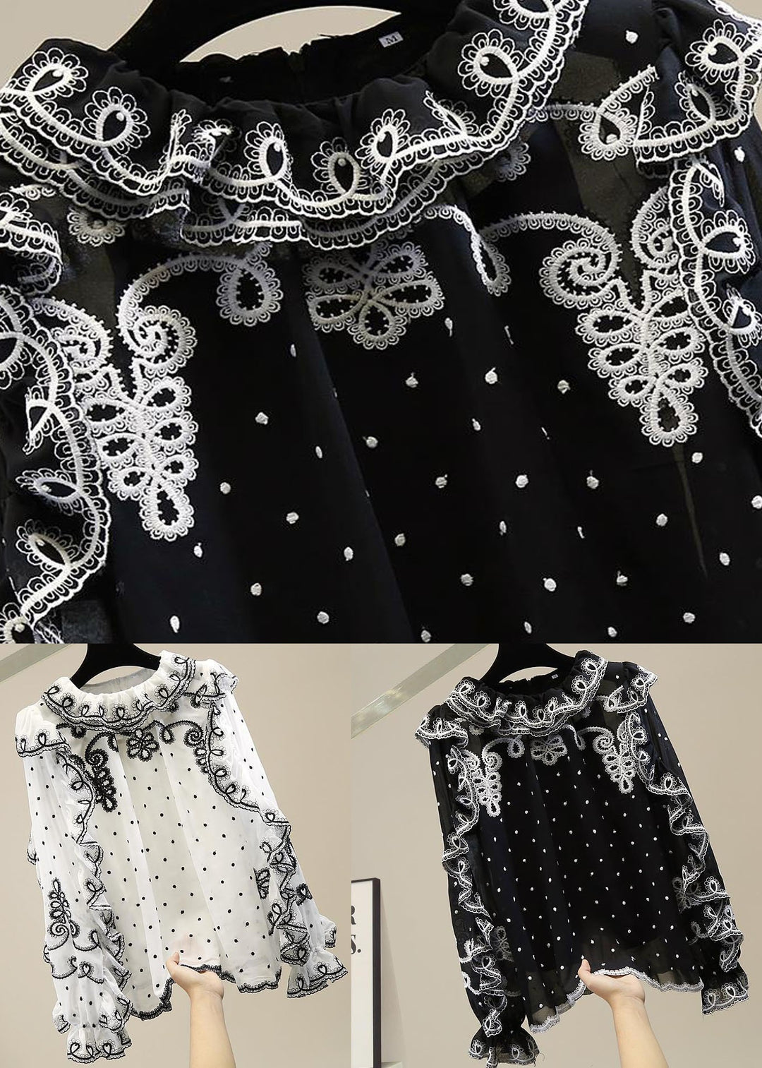 Stylish Black Ruffled Embroideried Patchwork Chiffon Top Spring