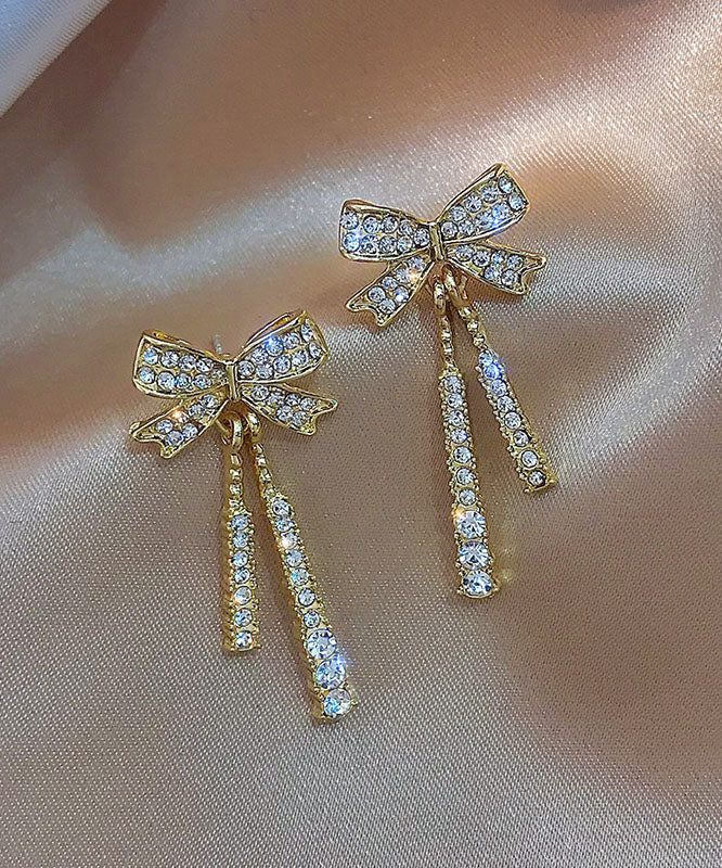 Stylish Gold Alloy Zircon Bow Tassel Drop Earrings