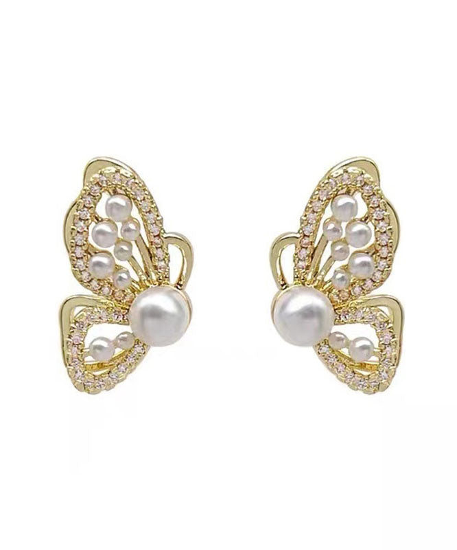 Stylish Gold Sterling Silver Alloy Zircon Pearl Butterfly Stud Earrings