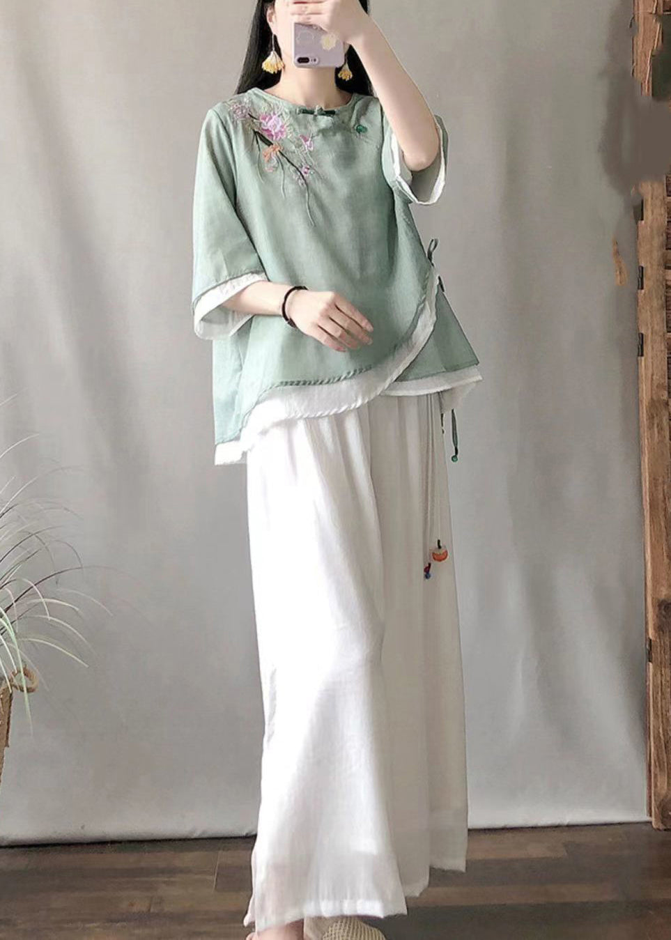 Stylish Green Embroideried Asymmetrical Linen Blouse Top Summer