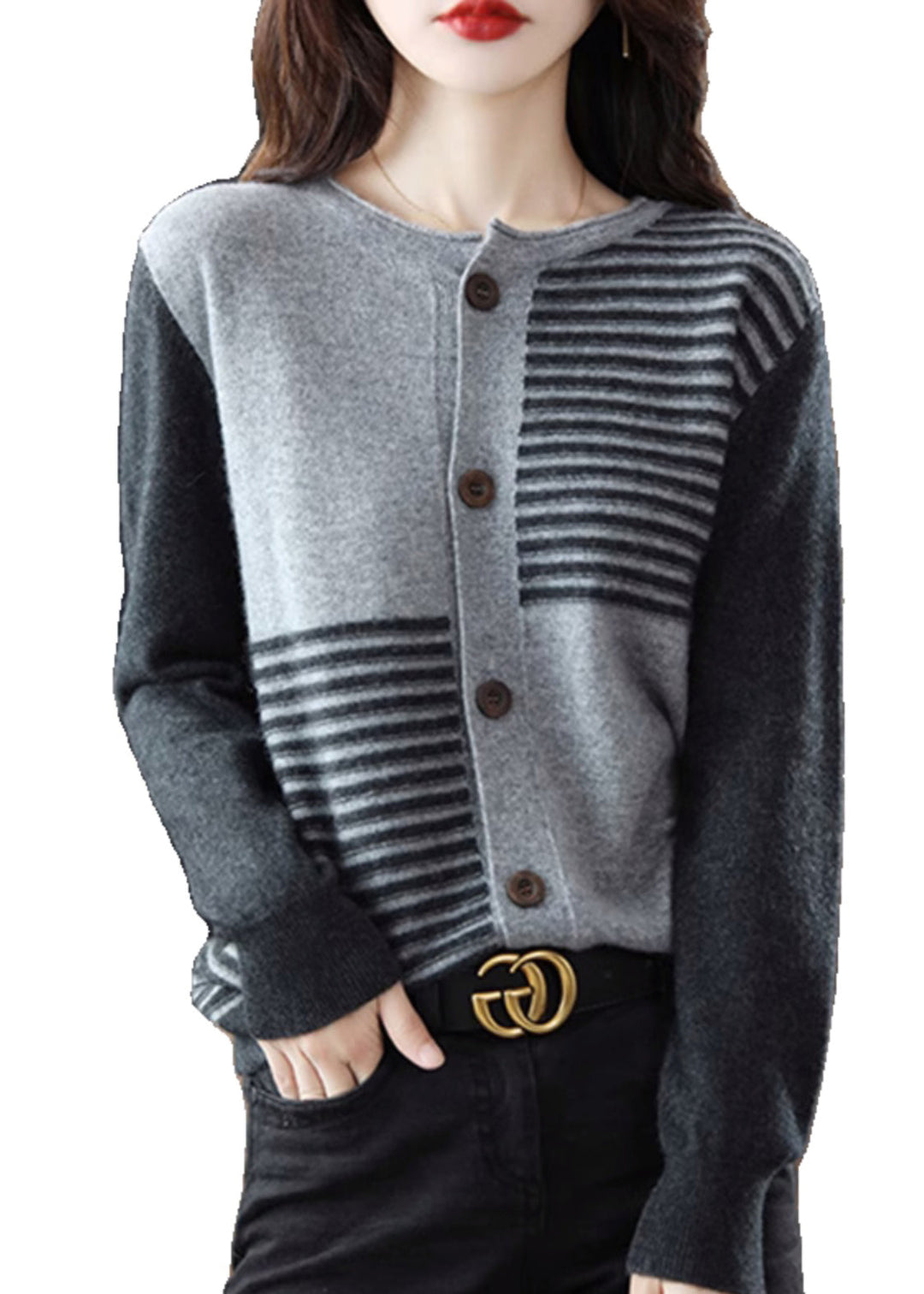 Stylish Grey O Neck Button Patchwork Woolen Knit Cardigan Fall