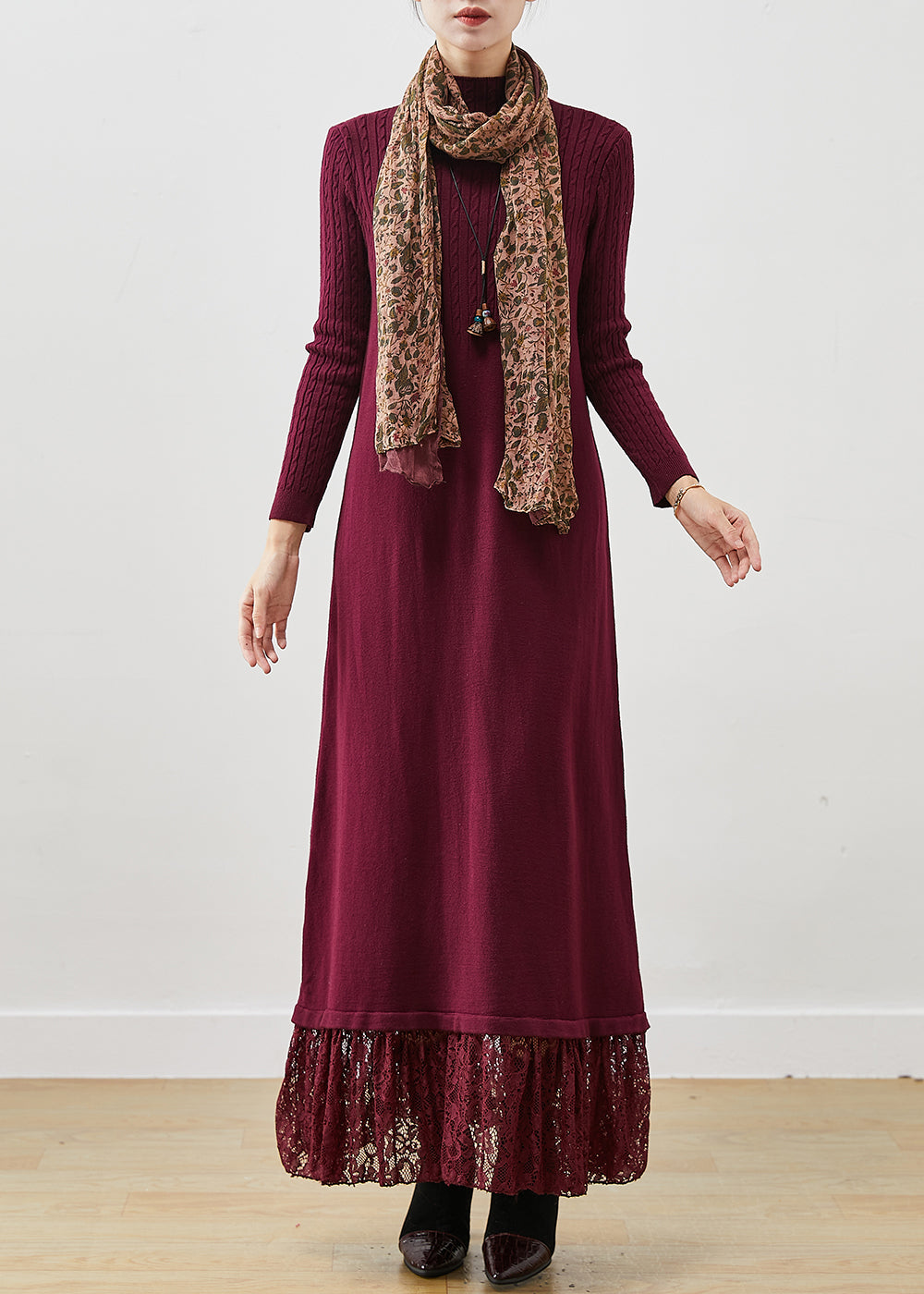 Stylish Mulberry Silm Fit Patchwork Lace Knitted Long Dress Spring