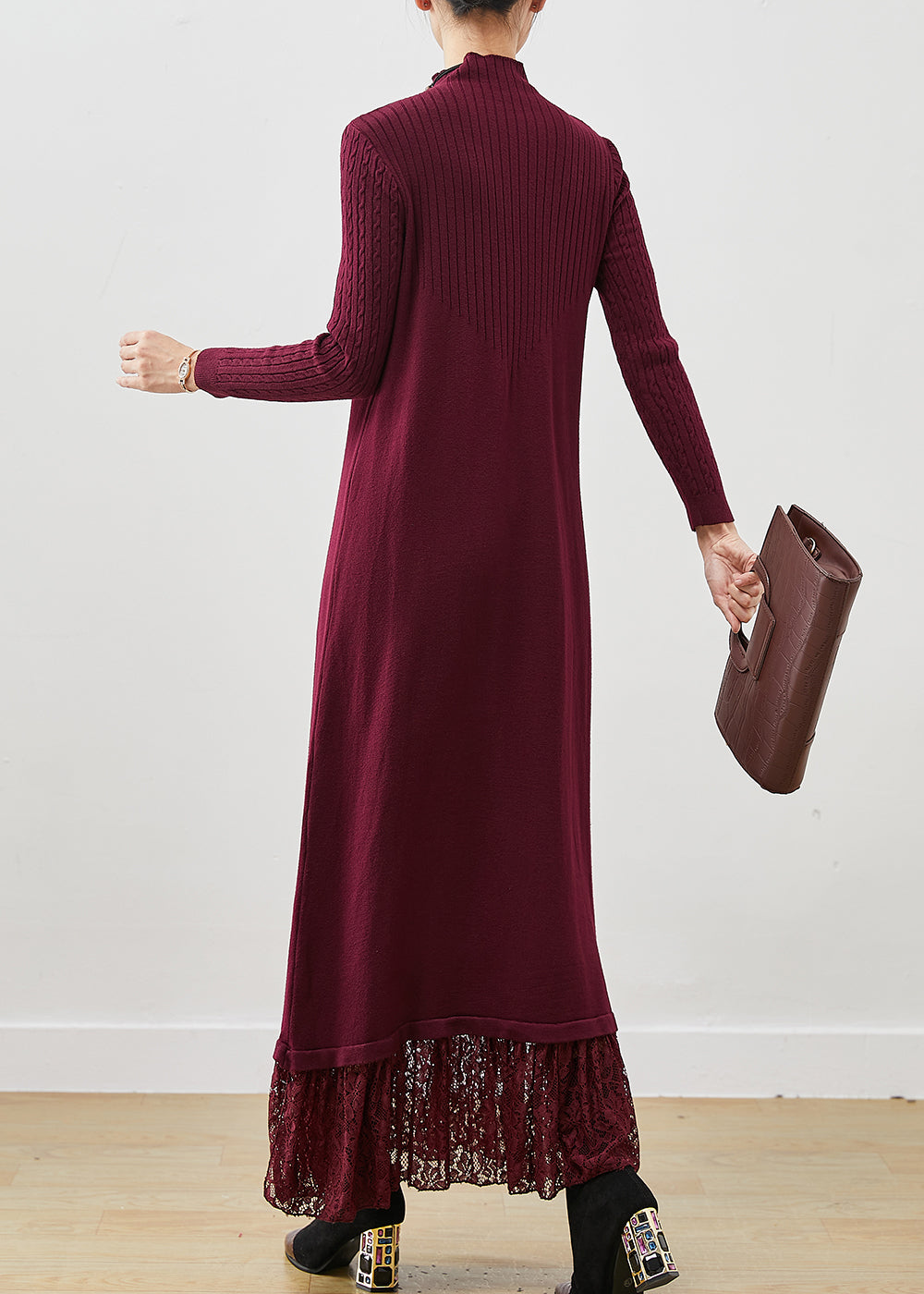 Stylish Mulberry Silm Fit Patchwork Lace Knitted Long Dress Spring