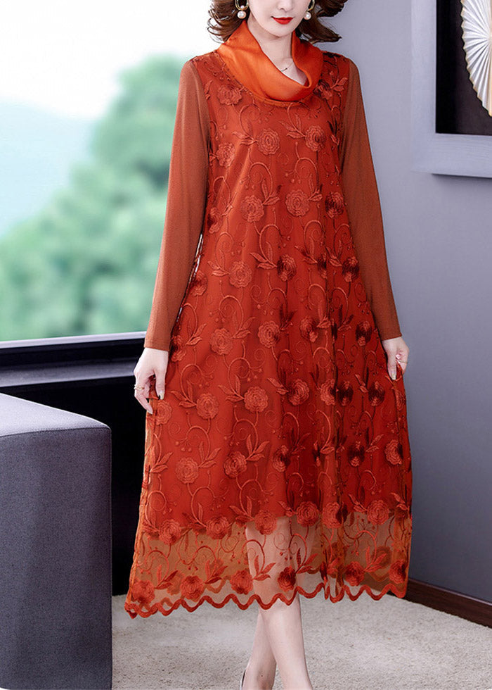 Stylish Orange Embroideried Floral Tulle Long Dress Long Sleeve