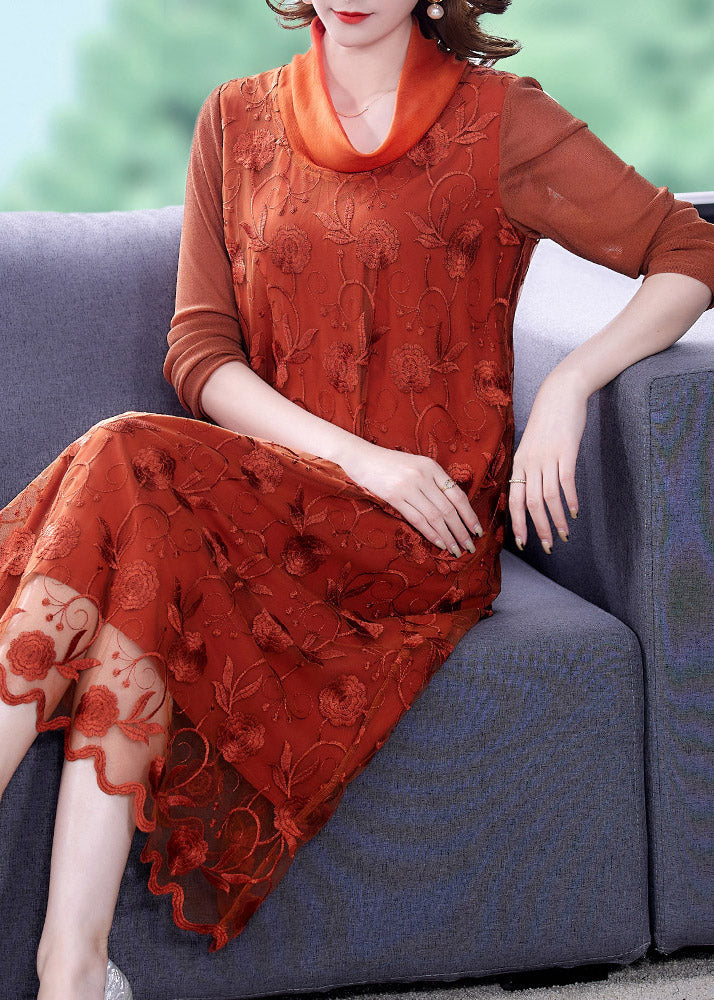 Stylish Orange Embroideried Floral Tulle Long Dress Long Sleeve