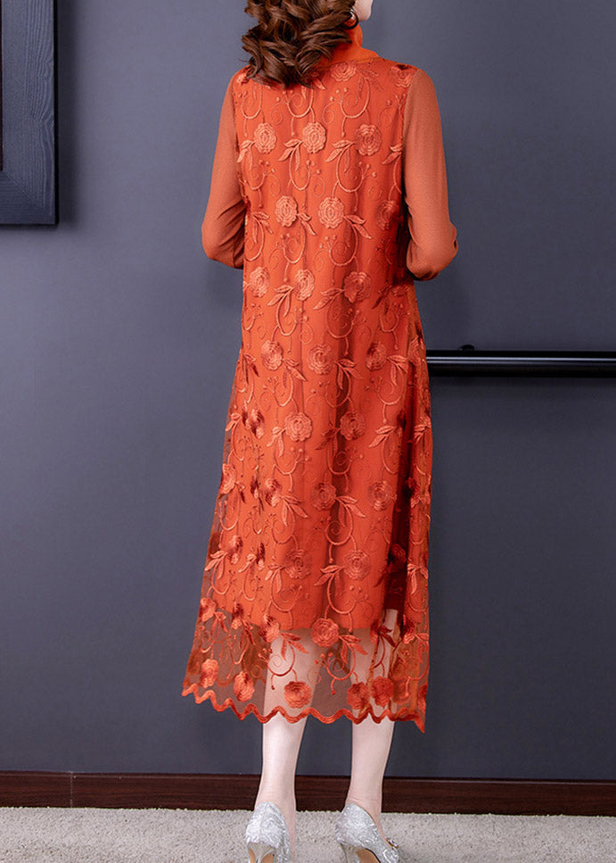 Stylish Orange Embroideried Floral Tulle Long Dress Long Sleeve