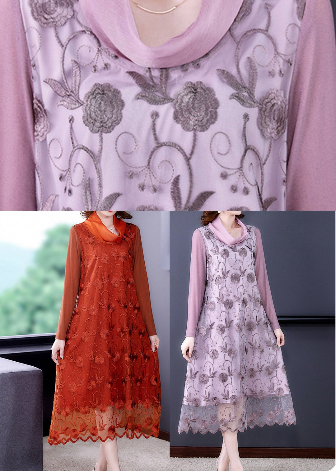 Stylish Orange Embroideried Floral Tulle Long Dress Long Sleeve