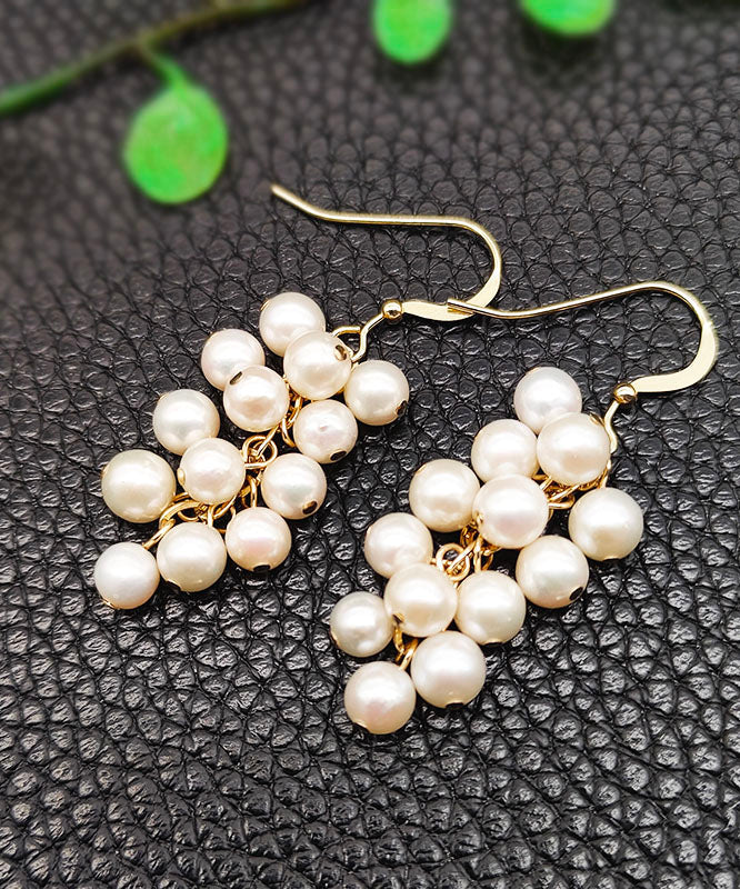 Stylish White 14K Gold Pearl Grape Skewers Drop Earrings