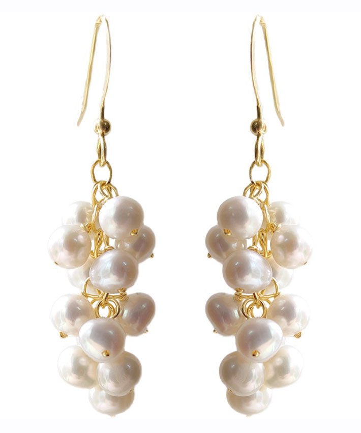 Stylish White 14K Gold Pearl Grape Skewers Drop Earrings