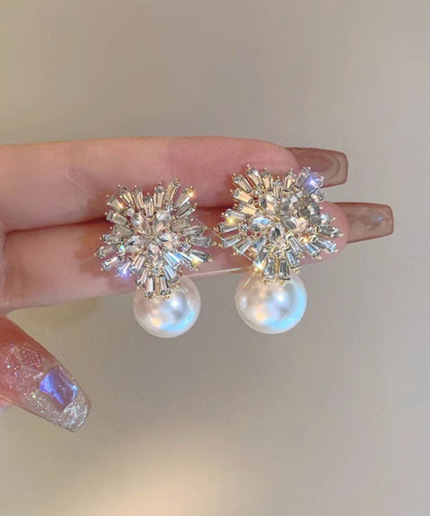 Stylish White Alloy Pearl Zircon Floral Stud Earrings