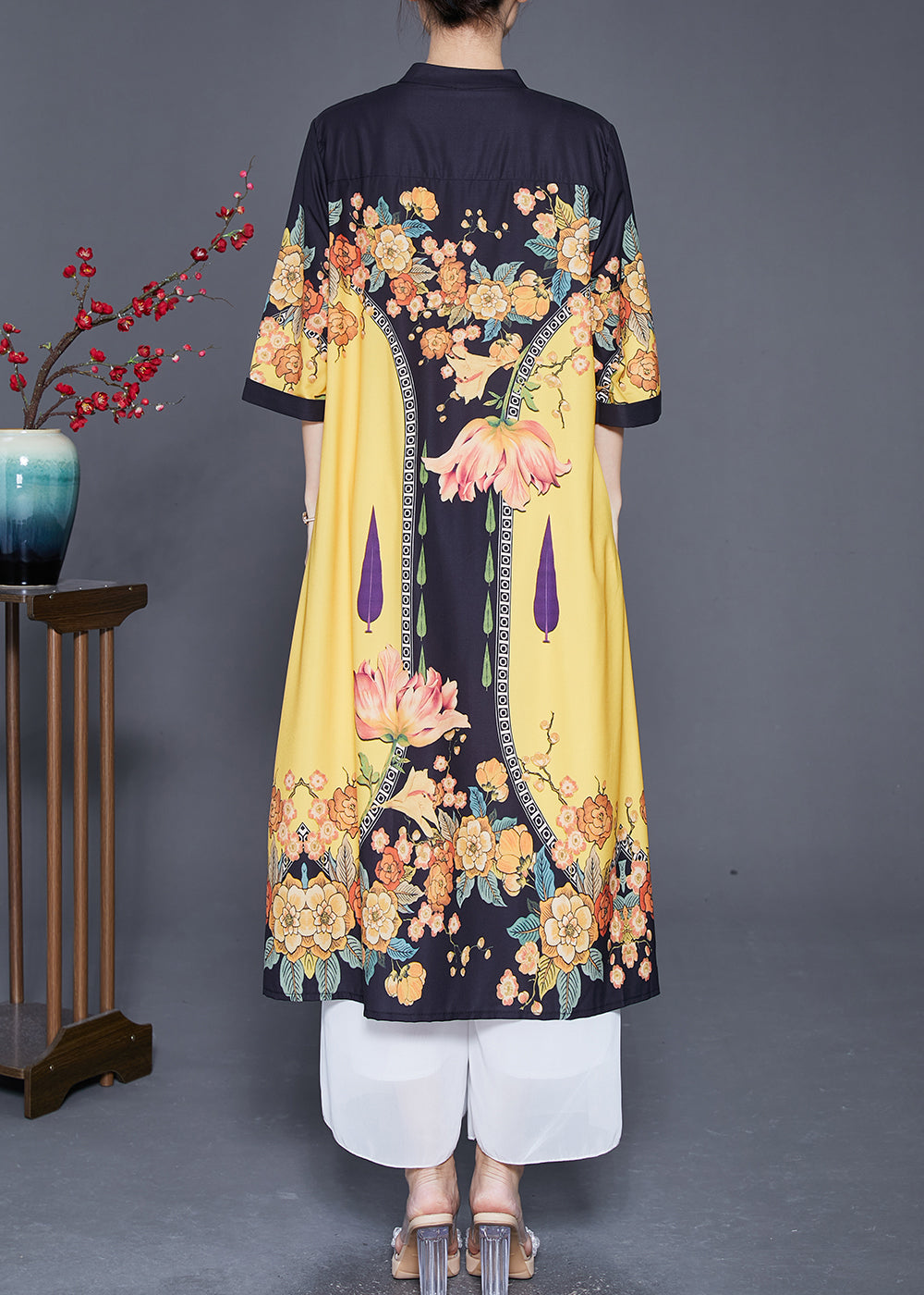 Stylish Yellow Print Stand Collar Silk Shirt Dresses Summer