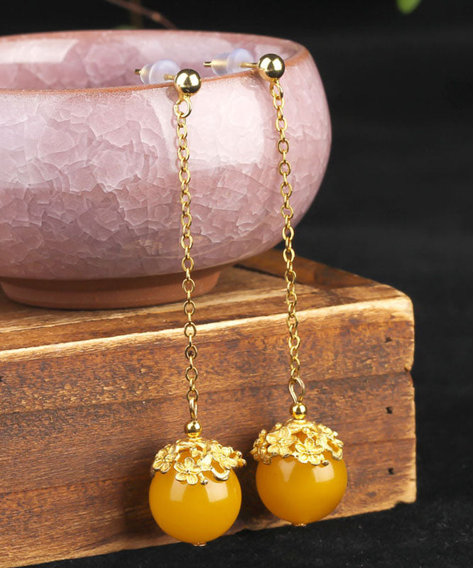 Stylish Yellow Sterling Silver Overgild Amber Beeswax Ball Drop Earrings