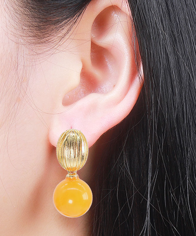 Stylish Yellow Sterling Silver Overgild Amber Beeswax Circular Drop Earrings